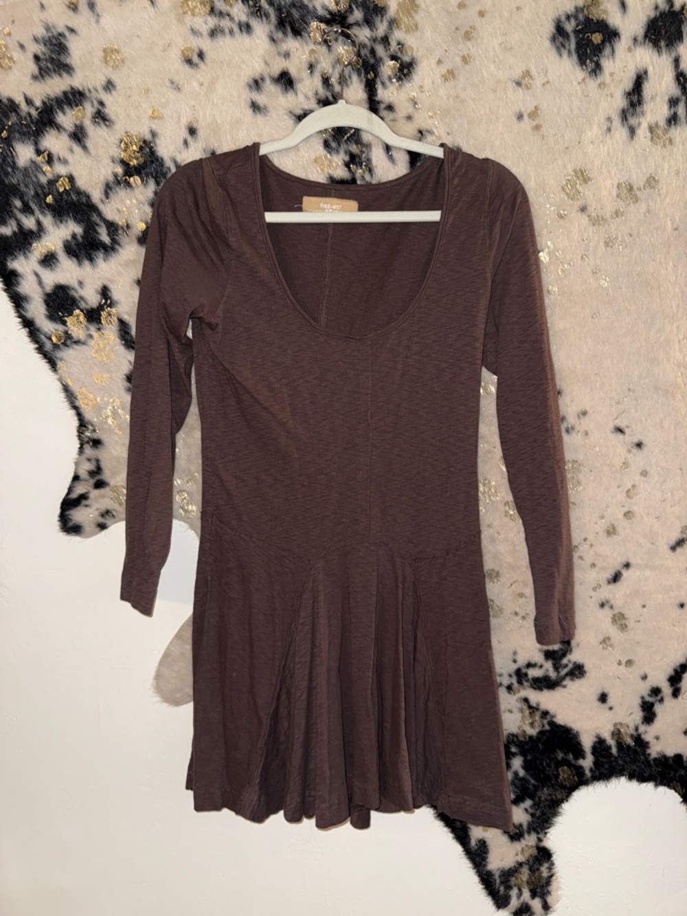 Free People Brown Long Sleeve Scoop Neck Skater Dress